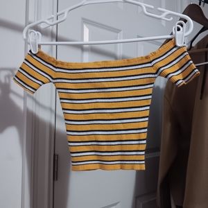 Fun off the shoulder white black and yellow stretchy crop top